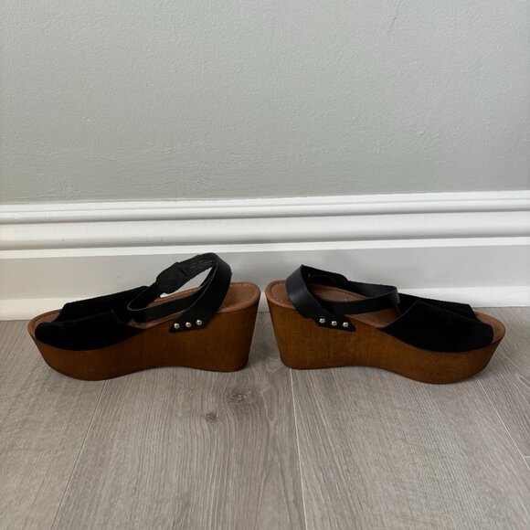 Seychelles Open Toe Wedge - Black Suede and Brown Wood-like - Picture 7 of 10